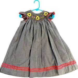 Smocked Dress Toddler Girl‎ 24M Gray White Floral Sun Embroidery Ruffle Sleeve